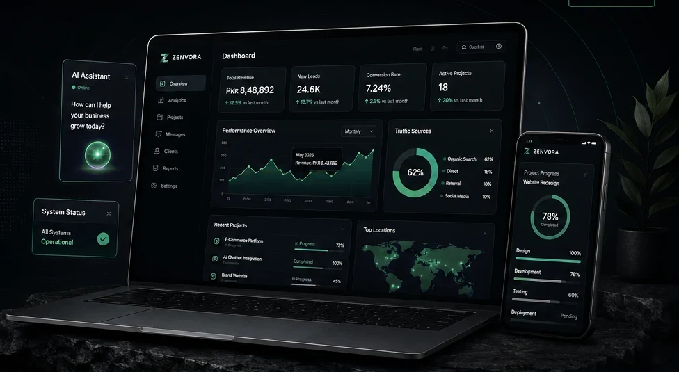Illustrative Vaylixo software dashboard on laptop and mobile